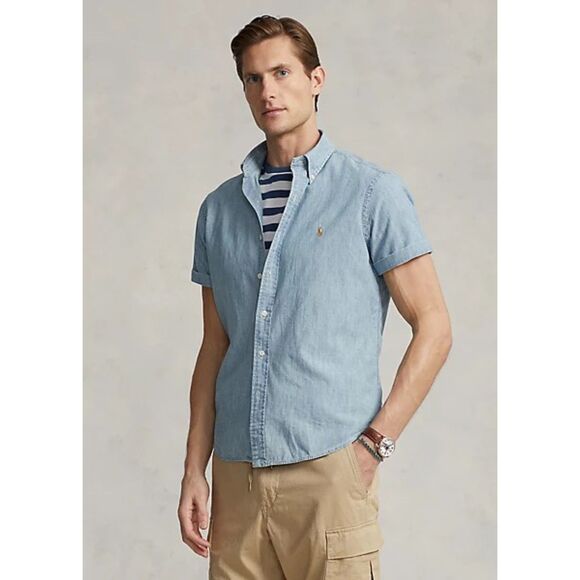 Ralph Lauren Blaire Light Wash Chambray Button Front Shirt Short Sleeves Medium - Picture 2 of 8